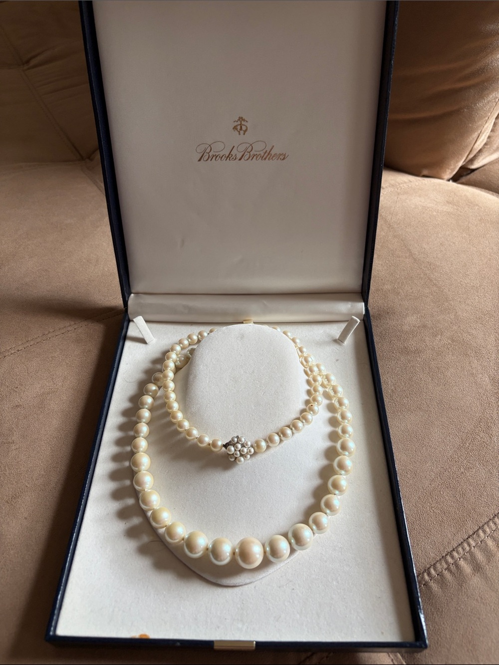 Vintage Brooks Brothers Faux Pearl Necklace, 30” Single Strand, Sterling Silver